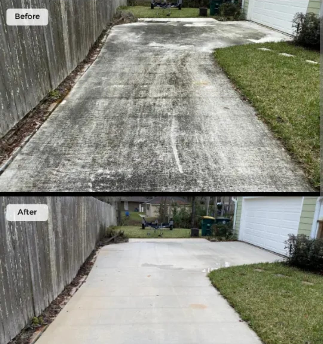 Before and after pressure cleaning of a driveway.