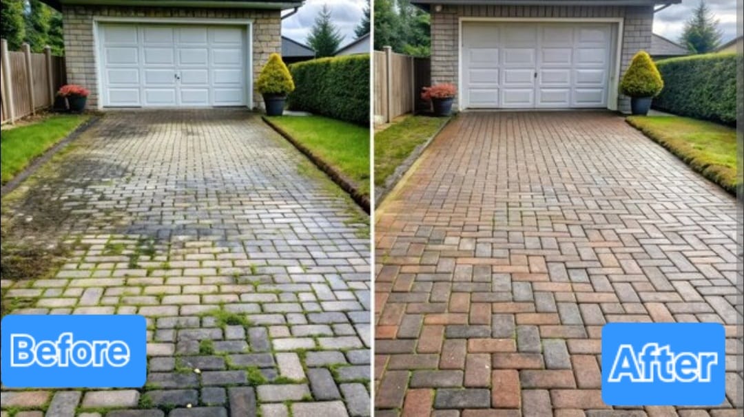 Before and after cleaning of brick driveway paving.