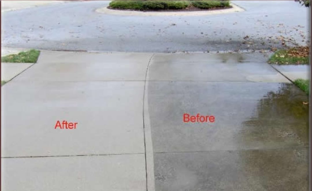 Before and after cleaning of a concrete driveway.