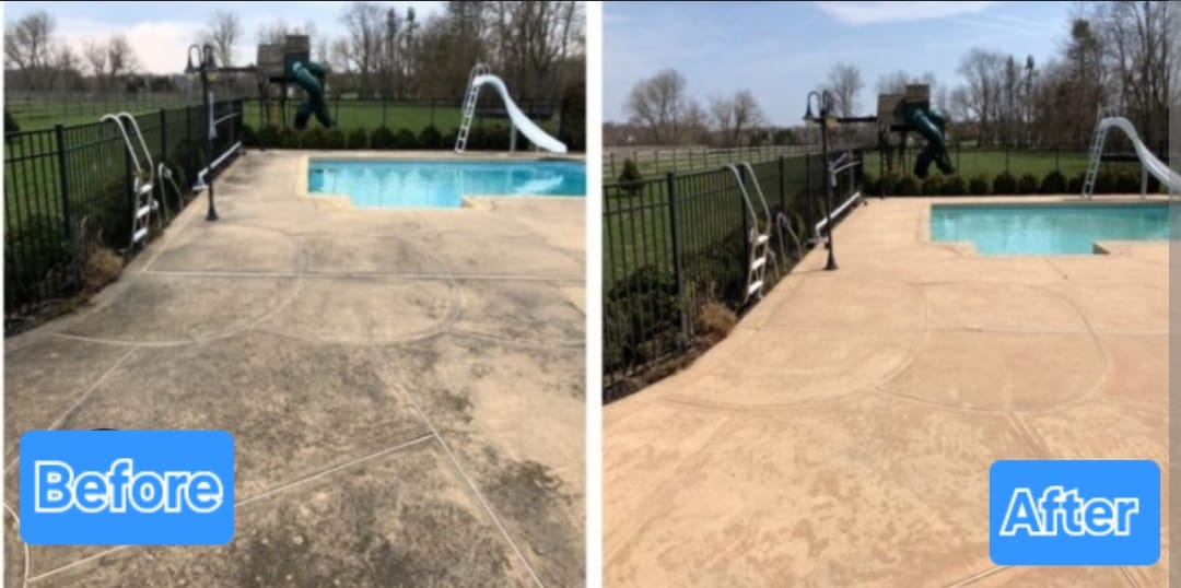 Before and after cleaning of stained pool surround area.