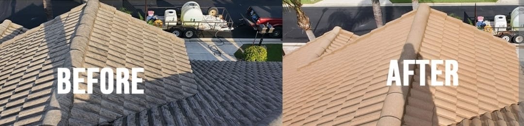 Angled roof before and after pressure cleaning.