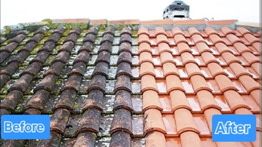 Close-up before and after of roof tiles cleaned with high pressure.